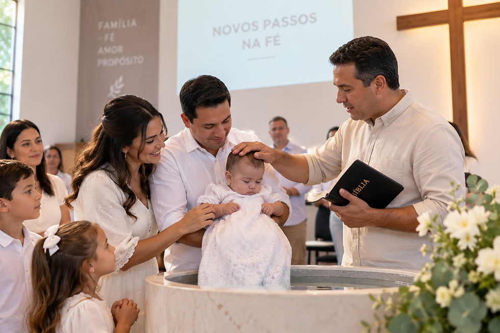 Batismo de bebê com pais e pastor em cerimônia religiosa