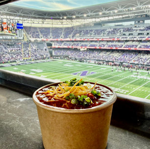 Vegan chili with the northwestern game in the background