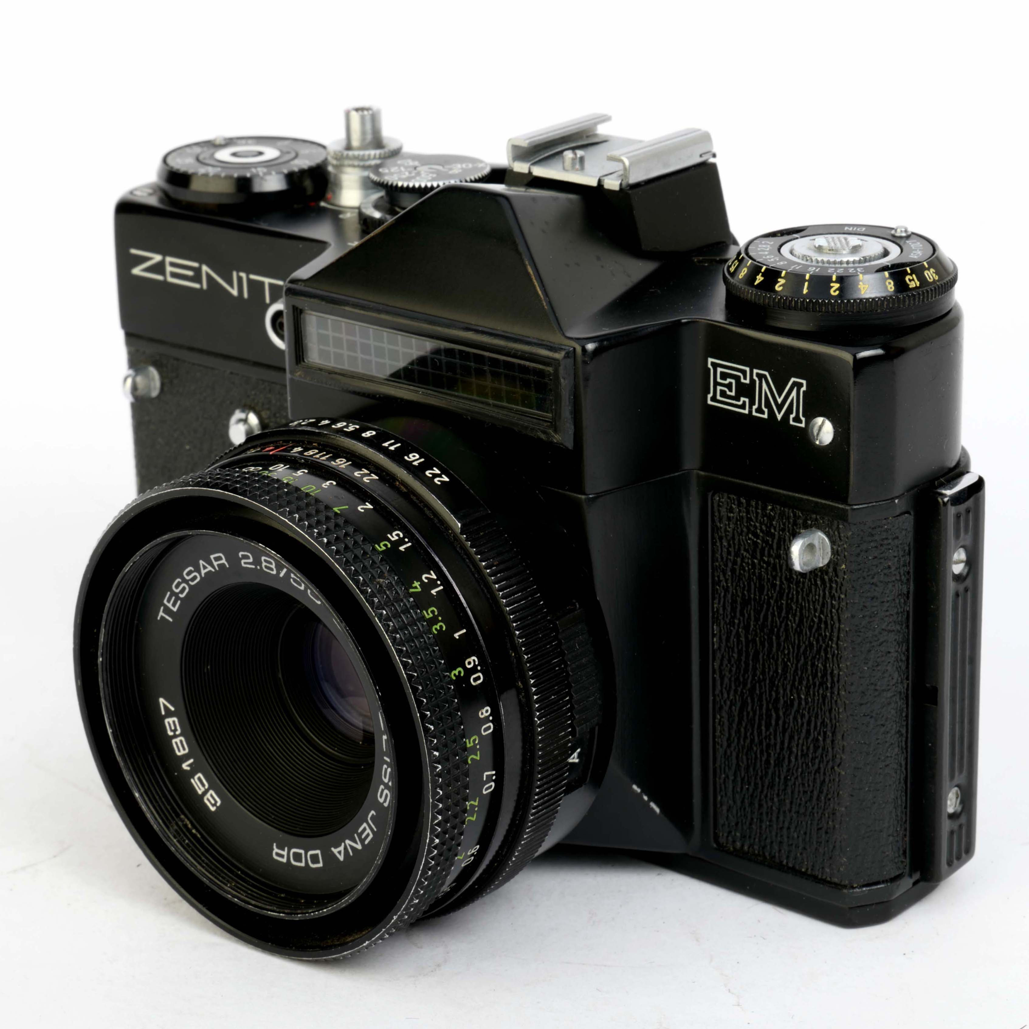 Zenit EM Film SLR Camera with Carl Zeiss Tessar 50mm f/2.8 Lens + Case