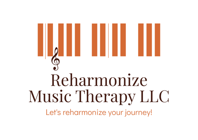 Logo: orange piano key inspired lines with the words 'Reharmonize Music Therapy- Let's reharmonize your journey' below