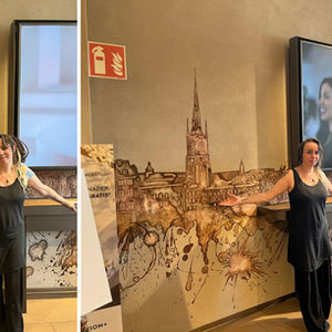 Me in front of the coffee themed wall mural I painted in Nespresso's boutique in Kungsträdgården, Stockholm, Sweden.