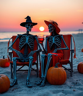 man and women skeletons sitting 0n the beach at sunset in black and orange beach chairs wi