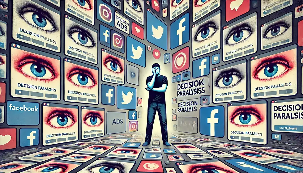 Bir kişi, etrafı Facebook, Instagram ve diğer sosyal medya platformlarına ait reklamlarla çevrili olarak çaresizce yüzünü tutuyor. Reklamların ve sosyal medya ikonlarının üzerinde "Karar Verme Felci" (Decision Paralysis) yazıları bulunuyor. Bu görsel, çok fazla reklam seçeneği karşısında kararsız kalma ve dijital dünyadaki dikkat dağınıklığını simgeliyor. Görselde mavi ve kırmızı tonlar, dikkat çekici gözler ve reklam ekranları öne çıkıyor, sosyal medyada karar vermekte zorlanan bireyleri temsil ediyor.
