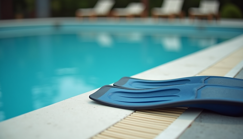 Close-up view of swim fins and paddles on pool deck ready for training