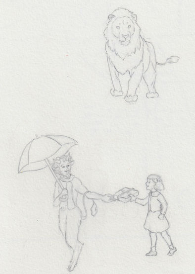 Esquisse au crayon sur Narnia avec Aslan, M. Tumnus et Lucy