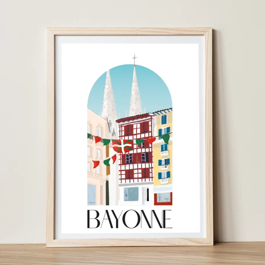 affiche de la ville de bayonne illustration représentant la cathédrale, le drapeau basque et les fêtes de bayonne