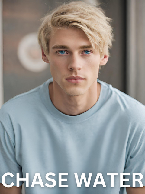 young man with light skin, straight blonde hair and blue eyes