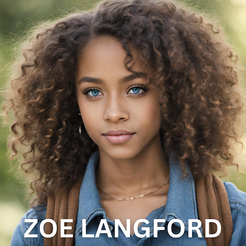 young woman with light brown skin, dark curly hair and blue eyes