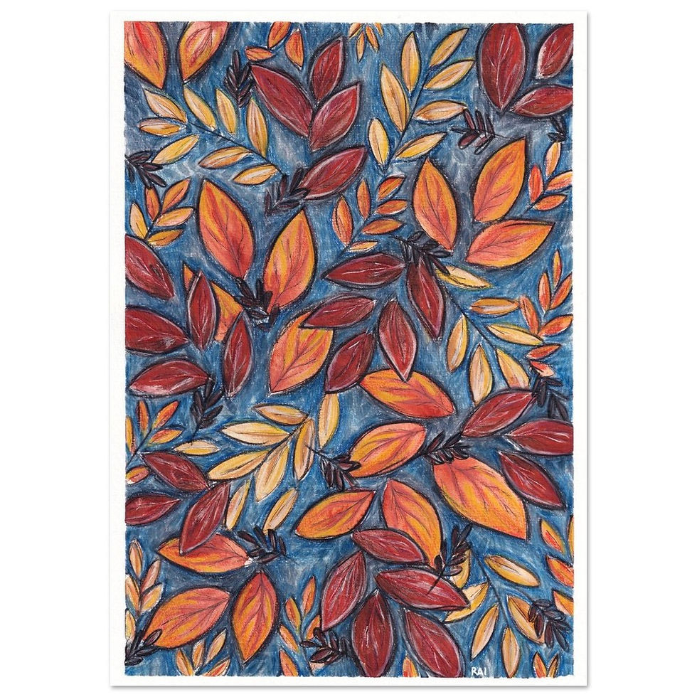 rust coloured leaves hand-drawn on an indigo background