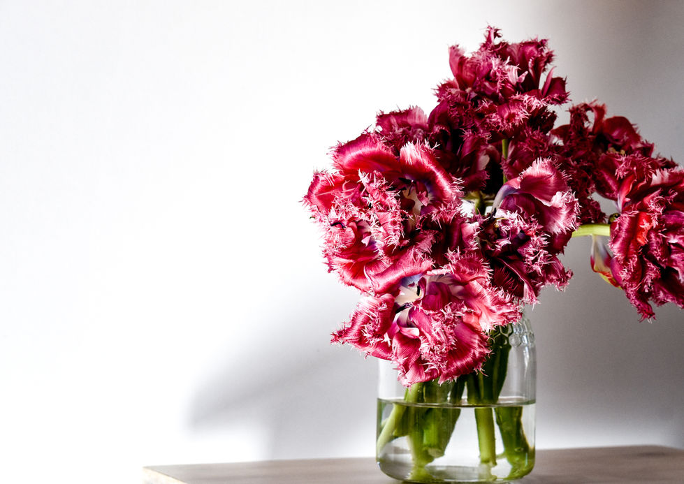 Ruffled dark pink flowers in a glass vase
