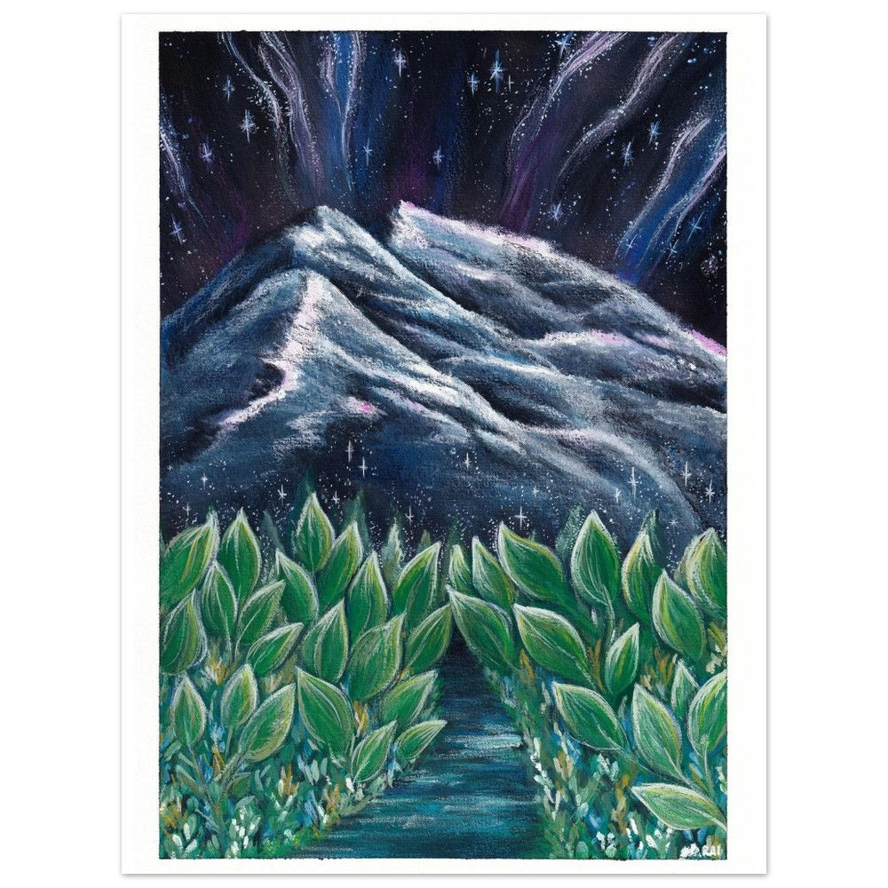 dark alpine peaks, leaves overhanding a central river contemplative painting