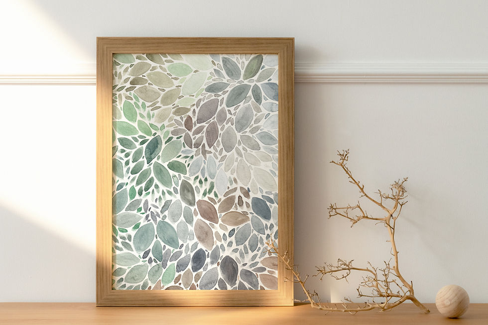 Thumbnail: Abstract watercolor painting of overlapping leaf-shaped forms in muted greens, soft blues, greys, and earthy browns arranged