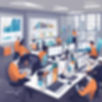 A collaborative team of professionals analyzing software applications, surrounded by graph