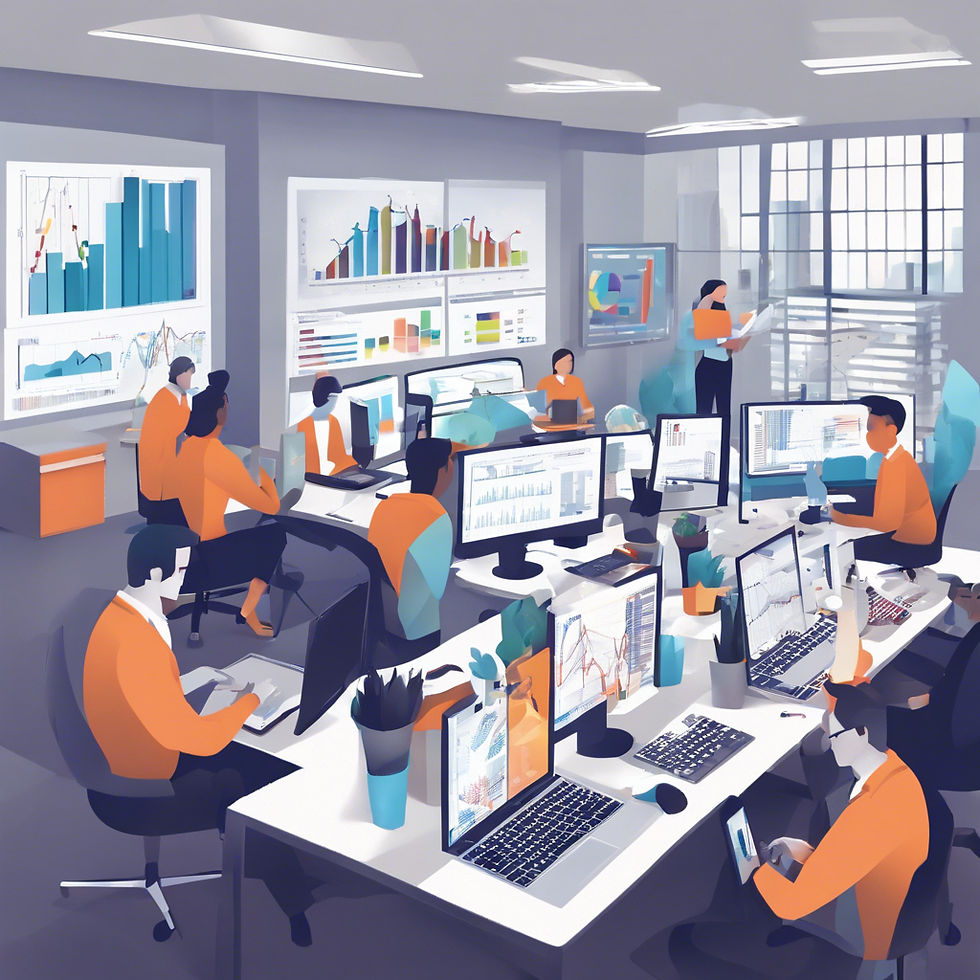 A collaborative team of professionals analyzing software applications, surrounded by graph