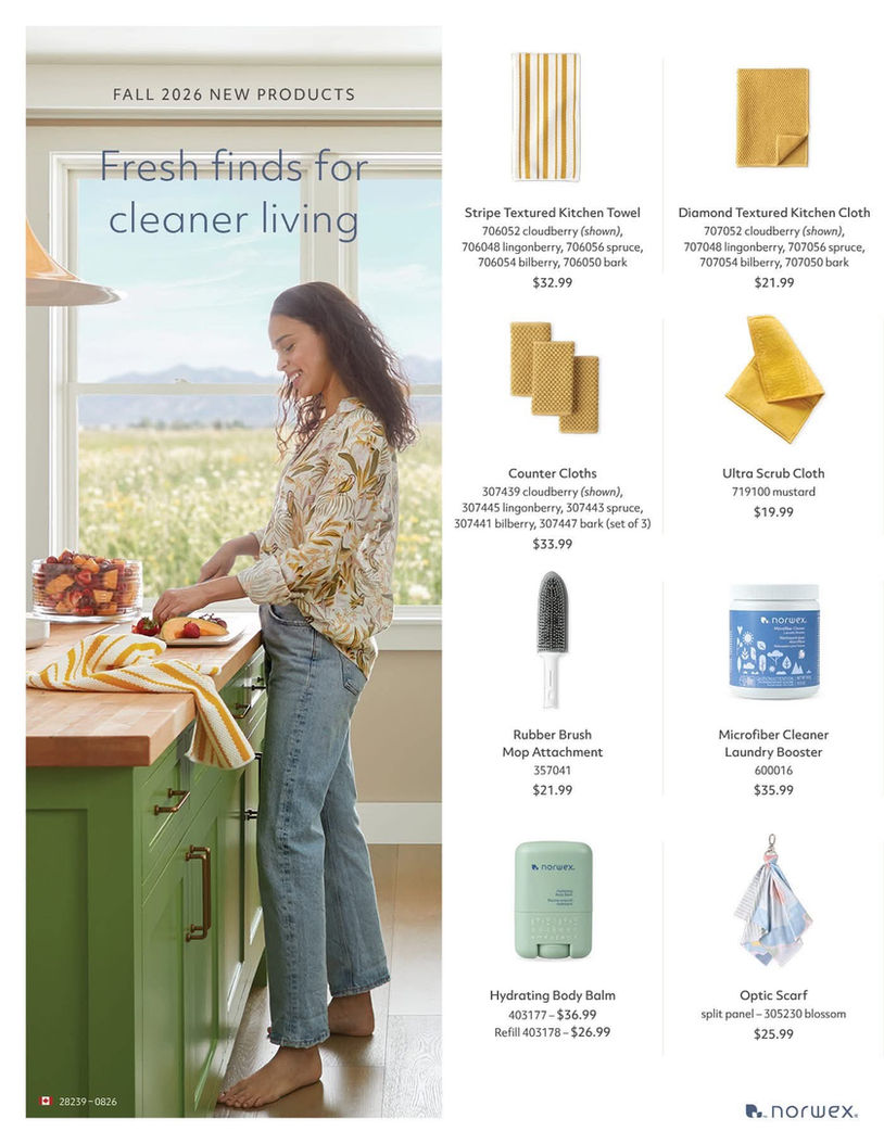 New Norwex Fall 2026 products, including kitchen cloths, towels, laundry booster and Hydrating Body Balm