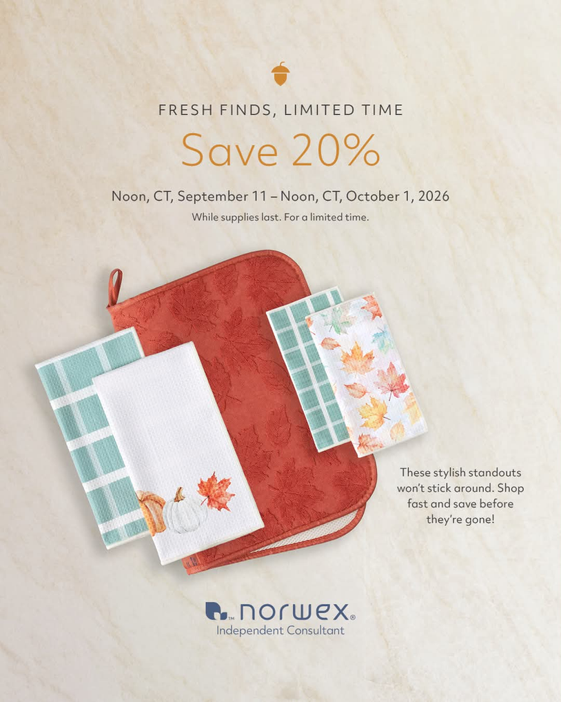 Norwex fall Fresh Finds collection with autumn-themed cleaning cloths and a coral countertop mat