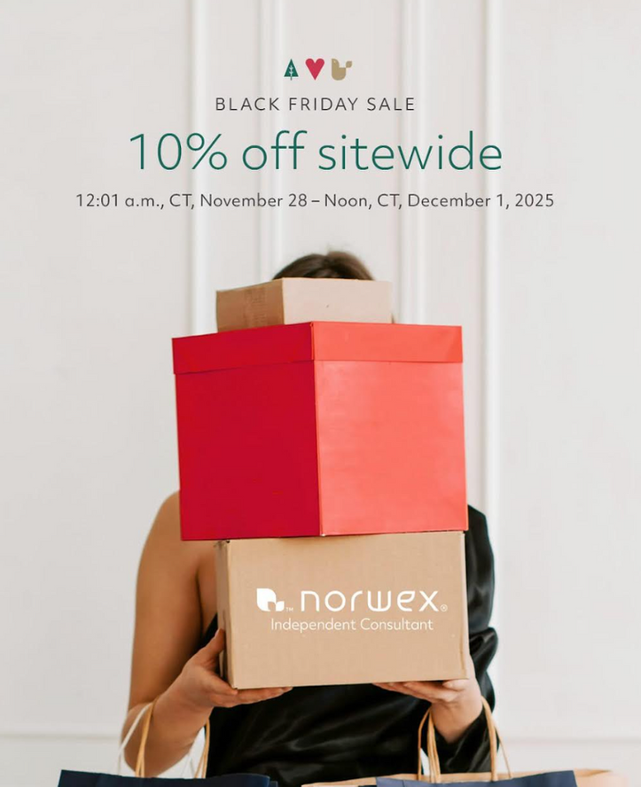 Woman holding stacked shopping boxes promoting Norwex Black Friday 10% off sitewide sale.