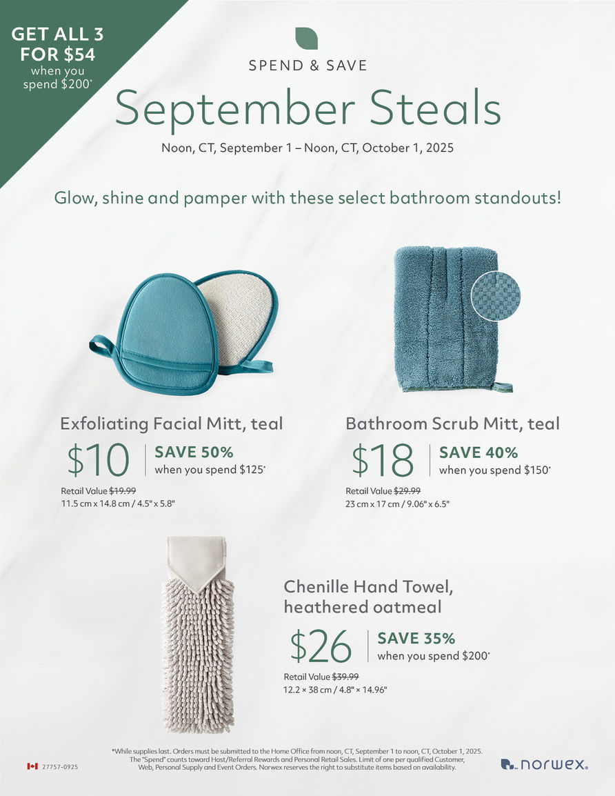Norwex September Steals 2025 flyer featuring Exfoliating Facial Mitt, Bathroom Scrub Mitt, and Chenille Hand Towel with sale pricing.