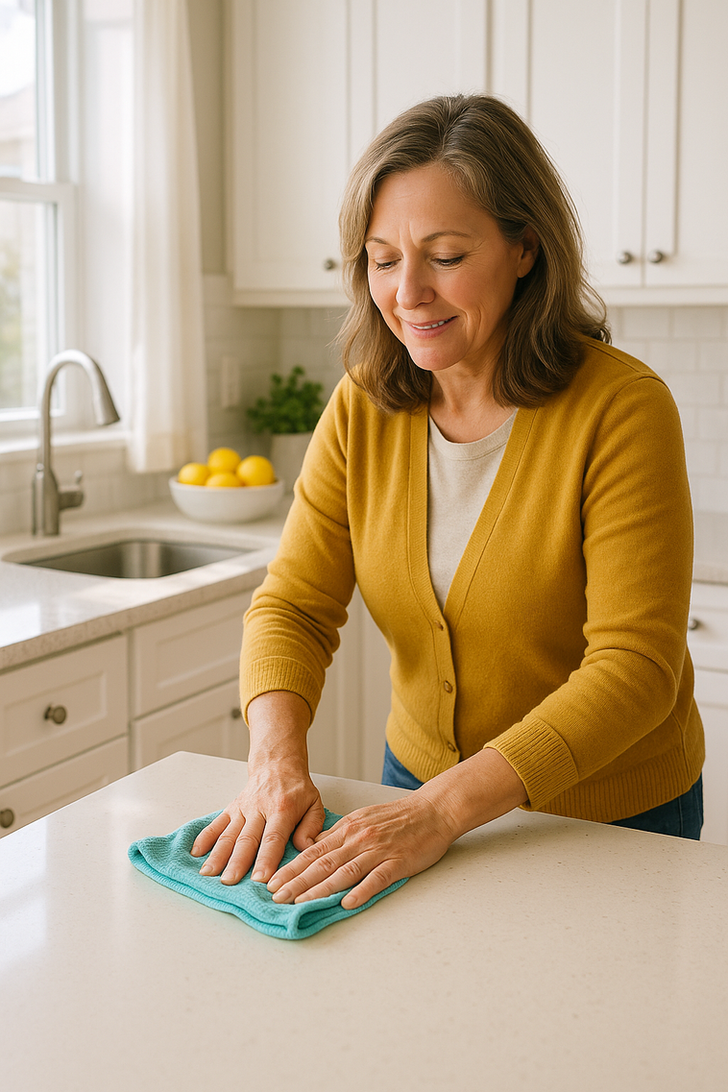 Woman cleaning kitchen counters with a Norwex EnviroCloth in a bright Canadian home.