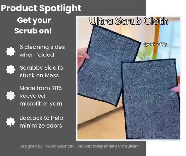 Still image from Norwex microfiber video showing cloth cleaning surface