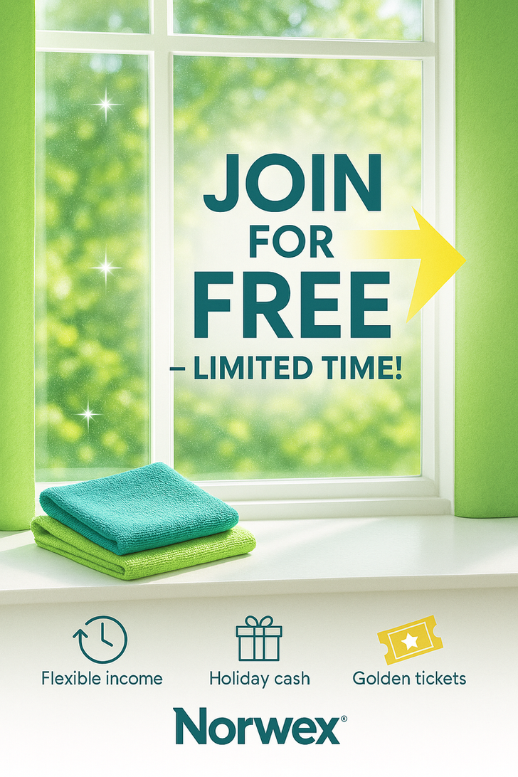 Norwex Join for Free limited-time offer – mini EnviroCloths, Window Cloths, Fall Catalogue, Welcome Card, and Golden Tickets.