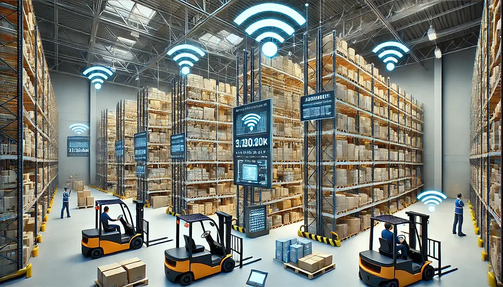 A detailed image of a modern logistics warehouse with a wireless network setup. The warehouse features high shelves stocked with numerous boxes and products. Several Wi-Fi symbols indicate strong wireless connectivity throughout the facility. Workers are operating forklifts and handling packages, supported by digital screens displaying network information. The environment highlights an efficient, connected warehouse with advanced technology facilitating seamless operations