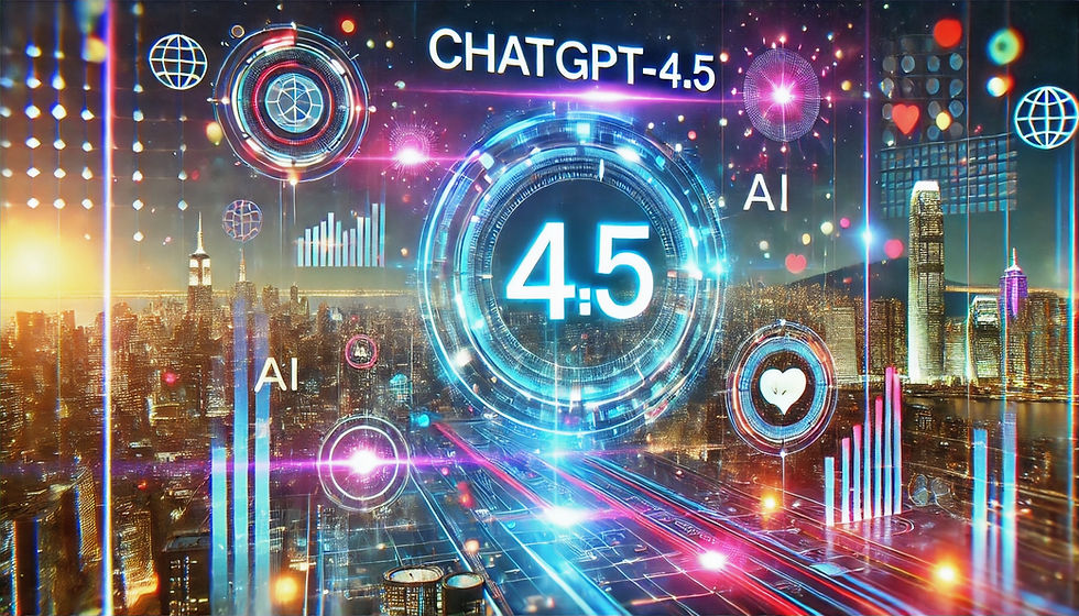 A futuristic digital landscape celebrating the launch of ChatGPT-4.5. The image features a sleek, glowing AI interface with holographic projections displaying the number "4.5." A high-tech city skyline with vibrant neon lights represents innovation and advanced AI. Digital confetti and beams of light shoot into the sky, creating a dynamic and exciting atmosphere. The text "ChatGPT UK News And Updates" is prominently displayed, signifying the latest advancements and announcements related to ChatGPT in the UK.