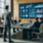An IT security manager reporting to the corporate board in a modern conference room. The setting is formal, with the manager presenting data on a large screen while the board members listen attentively.