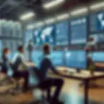 An IT support helpdesk team working in a network operations centre, surrounded by multiple large screens displaying global data and network information, highlighting the importance of swift and efficient issue resolution for smooth technology operations