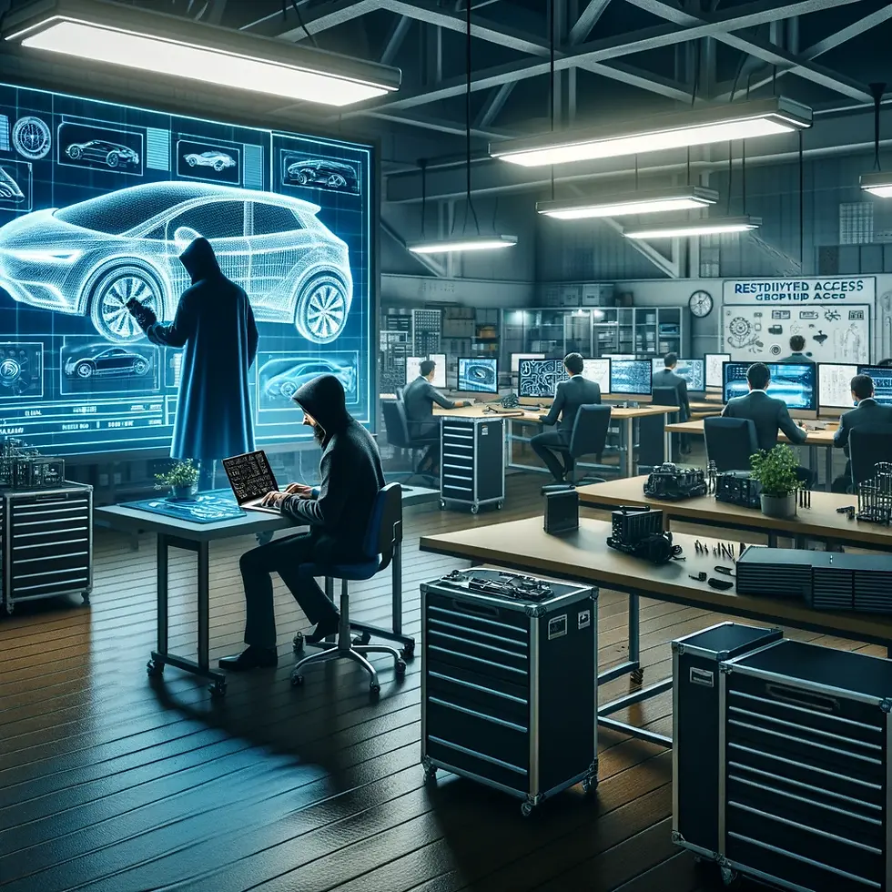 an industrial thief stealing automotive trade secrets via hacking. The scene shows a high-tech automotive design lab with engineers working on computers and sketching designs on large touchscreens. In the background, a thief is using a laptop to hack into the lab's network, with a screen displaying stolen data without any text. The atmosphere is tense and secretive, with elements like locked cabinets and restricted access signs. The room is equipped with the latest technology, and the thief is hidden in a corner, emphasizing the act of industrial espionage.