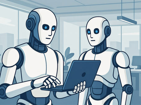 A digital illustration features two humanoid robots standing in a modern, minimalist office space. One robot is typing on a laptop while the other observes, suggesting collaboration or shared work. The scene is rendered in cool blue tones with large windows in the background showing a city skyline. Office furniture and potted plants add to the professional setting, symbolising the integration of AI coworkers into everyday business environments.