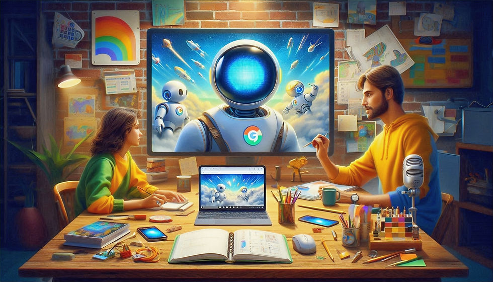 Two people sitting at a desk surrounded by creative and digital tools, collaborating on a project involving Google's AI. A large screen displays a futuristic Google Gemini AI robot, symbolising the integration of AI in brainstorming and content creation. The workspace is filled with notebooks, devices, and stationery, illustrating a creative environment where Google Workspace users can utilise AI for ideation, research, and communication tasks. The image conveys the versatility of Google Gemini AI and NotebookLM in enhancing productivity and innovation for business users