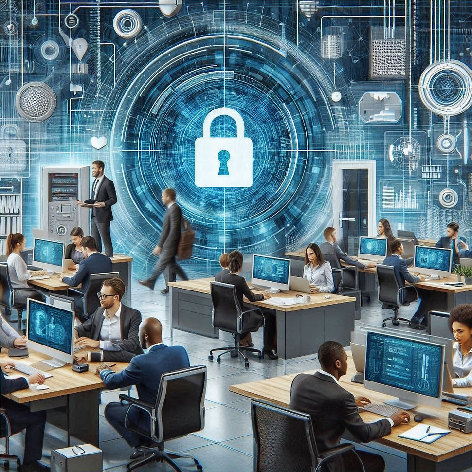 A modern office environment where employees are working on computers, surrounded by digital security icons and a large padlock symbol in the background, representing robust information security measures. The scene highlights a well-organised workspace with professionals engaged in various tasks, emphasising the importance of ISO 27001 deployment and data protection. This visual underscores OCM Communications' commitment to prioritising security and ensuring compliance with ISO 27001 standards