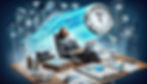 An office setting illustrating the importance of forward-thinking in Wi-Fi network upgrades, featuring a professional at a desk surrounded by charts, devices, and a glowing clock with a Wi-Fi symbol. The clock symbolises the future of connectivity, emphasising the need for planning to adopt technologies like Wi-Fi 6E and Wi-Fi 7 for faster speeds, reduced latency, and enhanced security. The background includes a futuristic cityscape and digital connections, representing scalability and adaptation to emerging standards. Secure and maintain your Wi-Fi network against cyber threats with proactive investments in advanced technologies