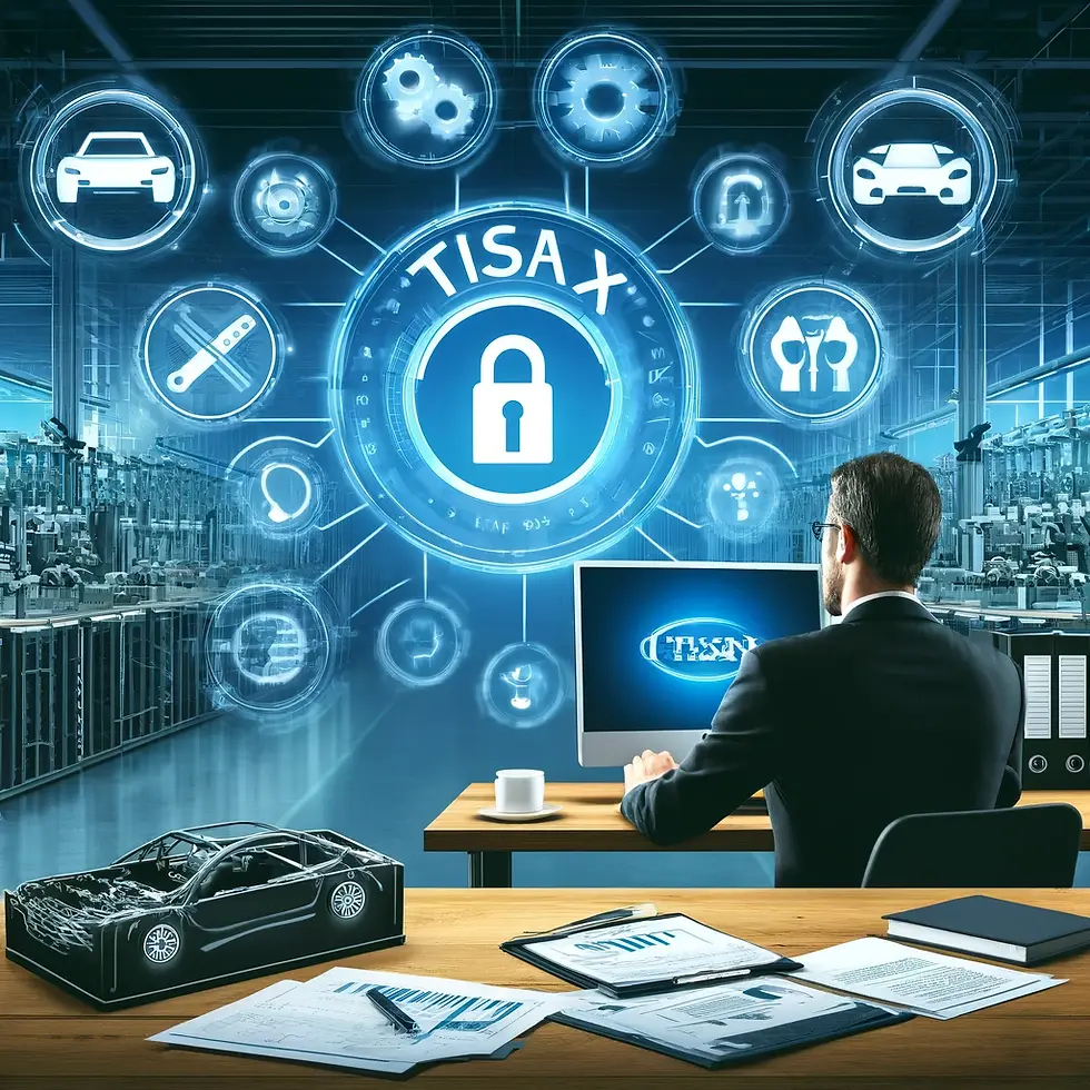 TISAX compliance in action within the automotive supply chain. The scene shows a professional office with a compliance officer actively securing data on a computer screen. The screen prominently displays the word "TISAX". Around the desk, there are documents related to the automotive industry, car parts, and assembly line icons. The atmosphere is focused and secure, with elements like secure servers and encrypted data symbols, illustrating the process of protecting personal data and ensuring adherence to TISAX regulations