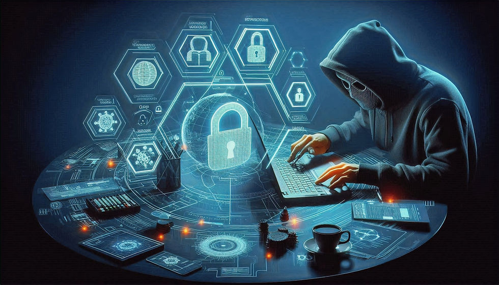 A hooded figure, symbolising a hacker, is working on a laptop in a dark environment surrounded by a futuristic digital interface. The screen displays various security icons, including padlocks and network symbols, representing the process of vulnerability testing. The scene highlights the importance of identifying and addressing potential security weaknesses in IT systems before they can be exploited by cybercriminals