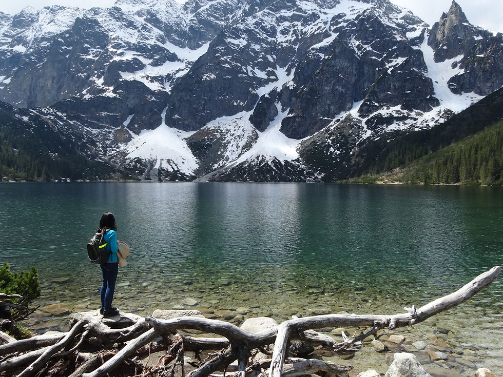 Hiker overlooking a serene mountain lake for mental wellness.