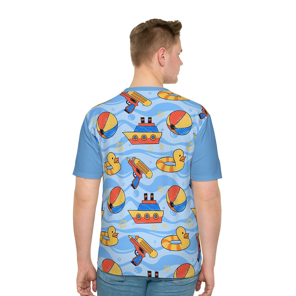 Thumbnail: Toys beach pattern light blue short sleeves, quality T-Shirt, Ships W/wide