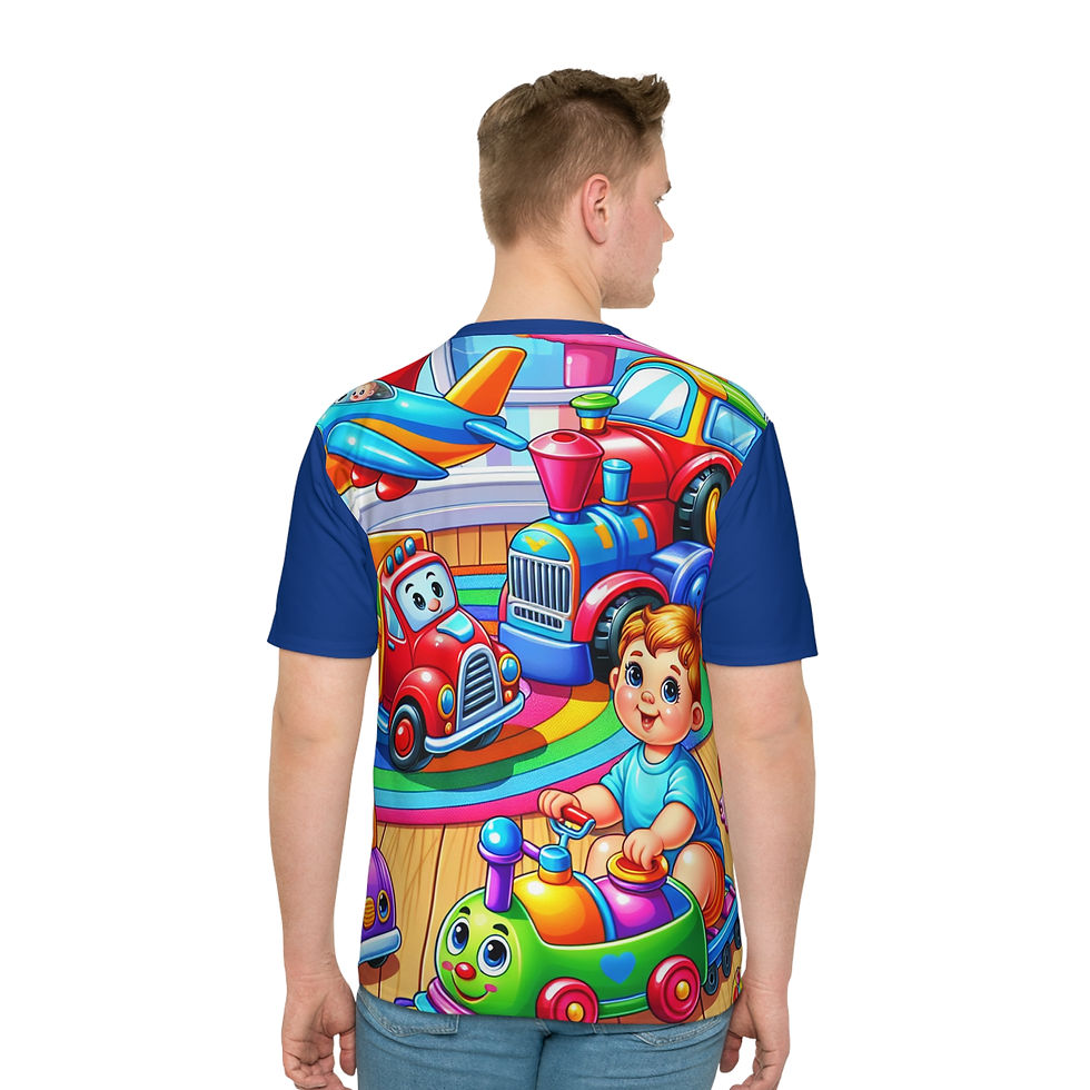 Thumbnail: Boy on toy train, blue short sleeves, quality,T-Shirt, Ships W/wide, Unisex