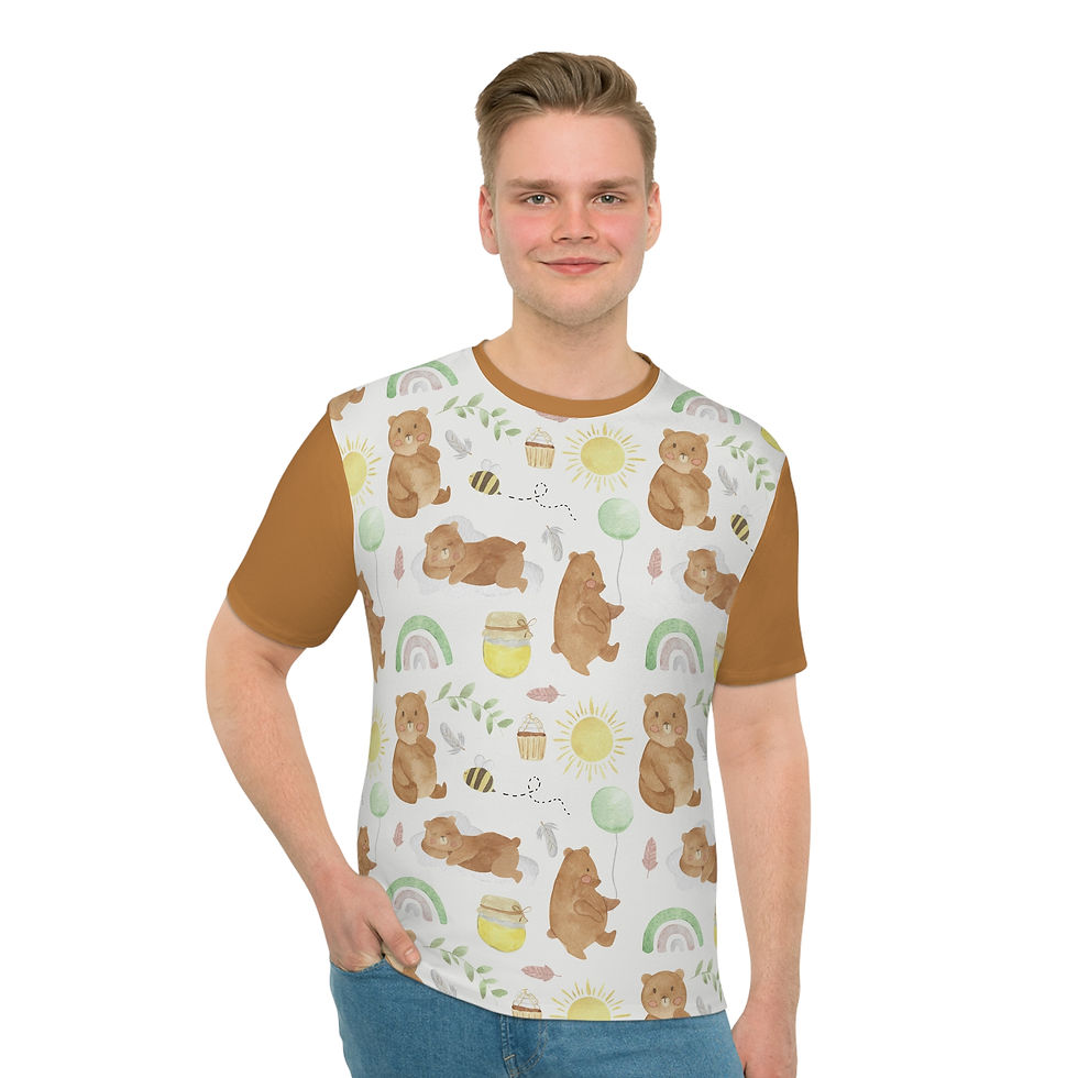 Thumbnail: Bears and honey on brown short sleeves T-Shirt, AOP Print Ships Worldwide