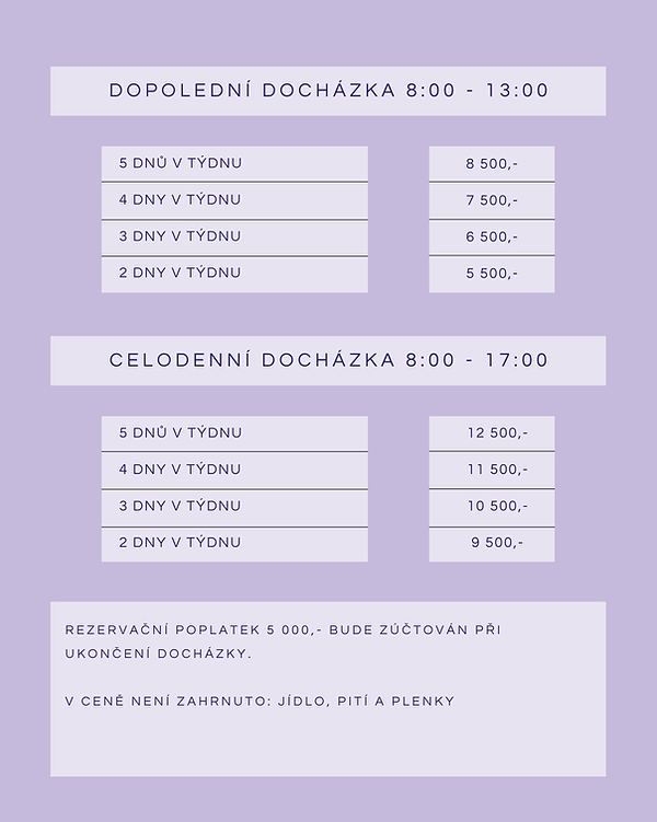 Kompletní ceník docházky do jesliček Maya