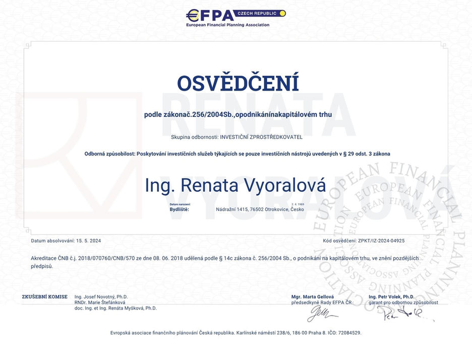 Osvědčení EFPA pro Ing. Renatu Vyoralovou