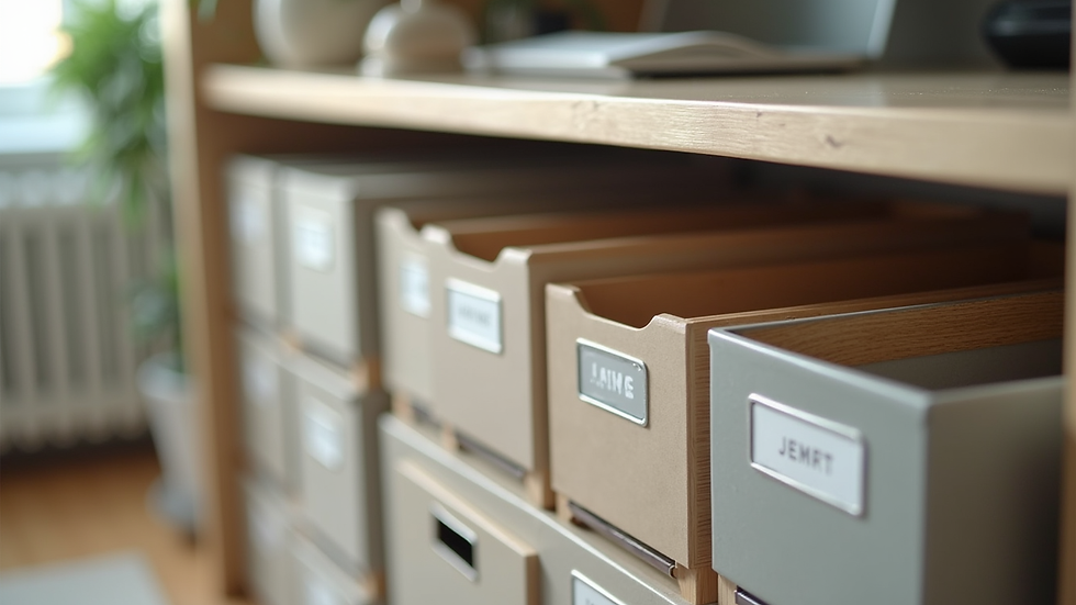 Close-up view of labeled storage boxes and drawer dividers in a home office