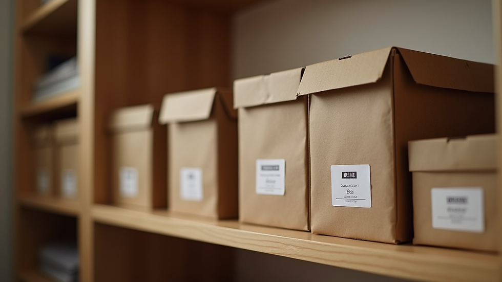 Close-up view of labeled storage boxes neatly stacked in a closet