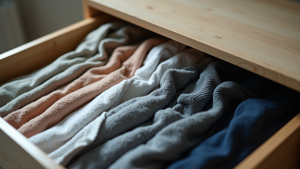 High angle view of neatly sorted clothes in a drawer with dividers
