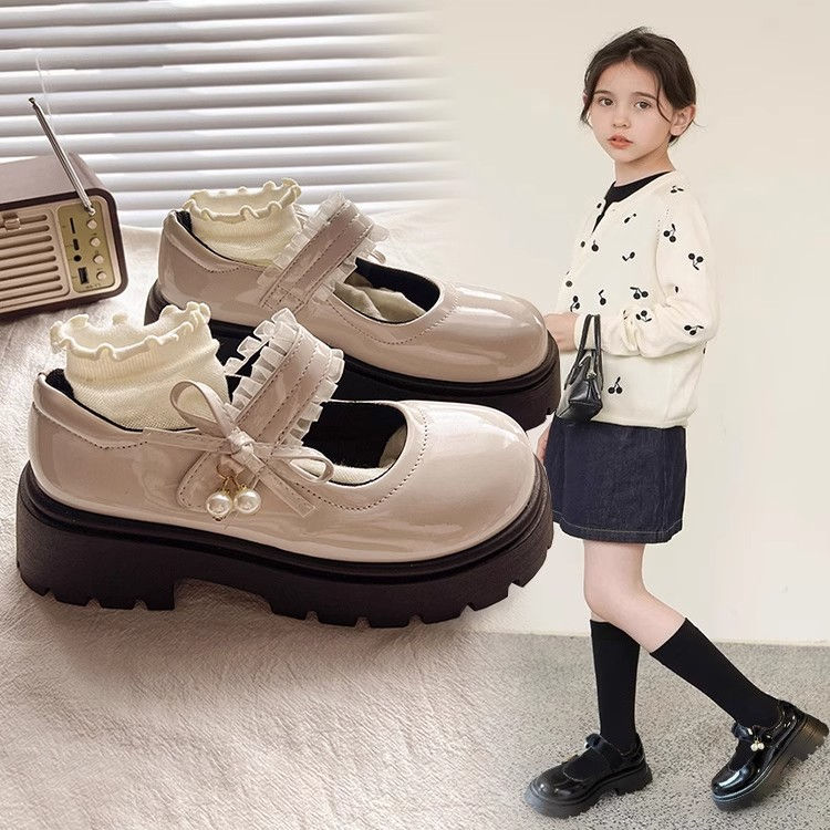 Sapatos escolares pretos para meninas, estilo princesa, em couro PU macio