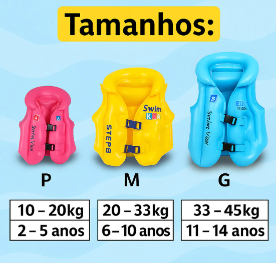 Colete inflável infantil para piscina, praia e lago, 3 tamanhos - Loja MINIME