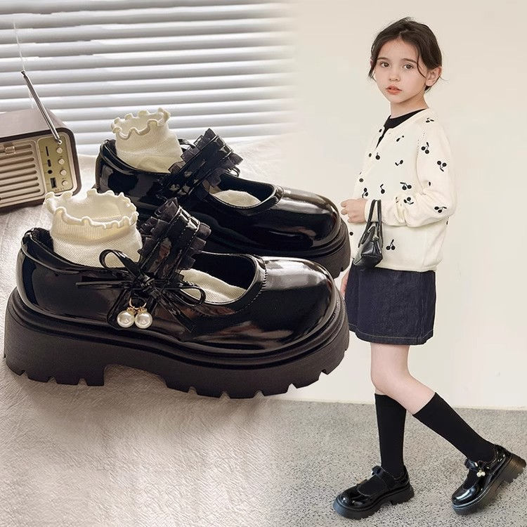 Sapatos escolares pretos para meninas, estilo princesa, em couro PU macio