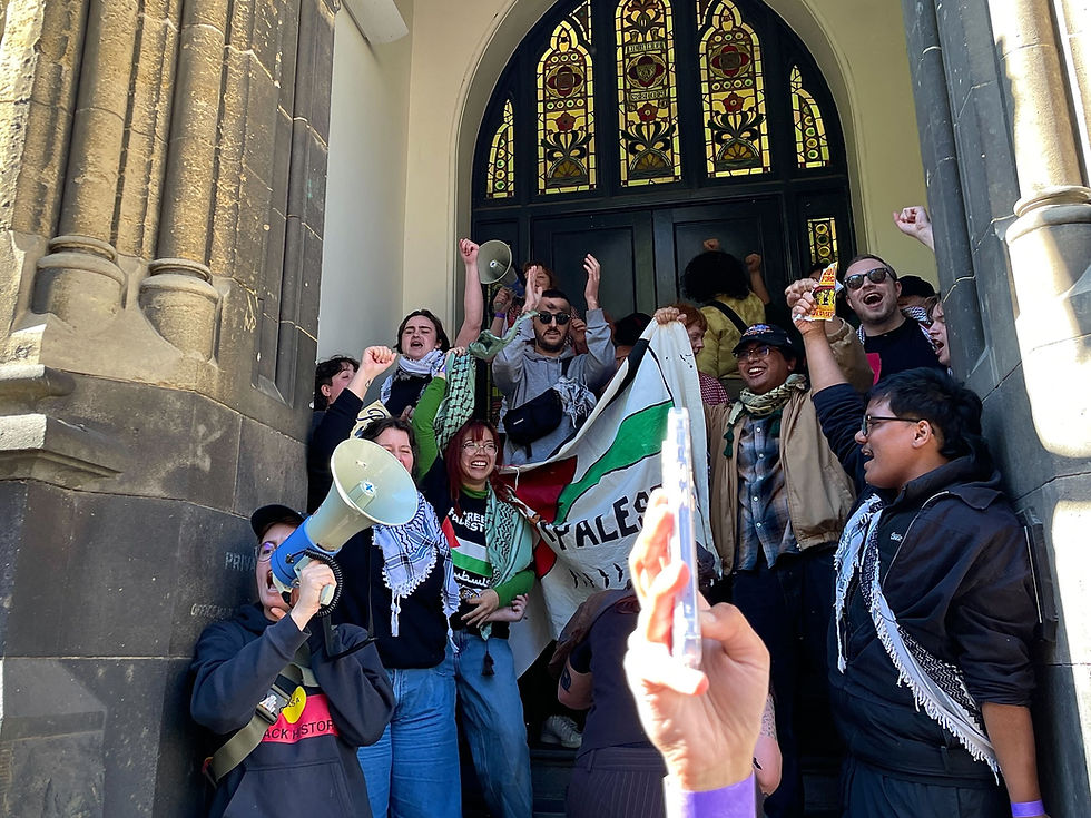 RMIT students celebrating RUSU declaring an official stance supporting a free Palestine in August 2024, (Credit: Yvette Campitelli-Slee)