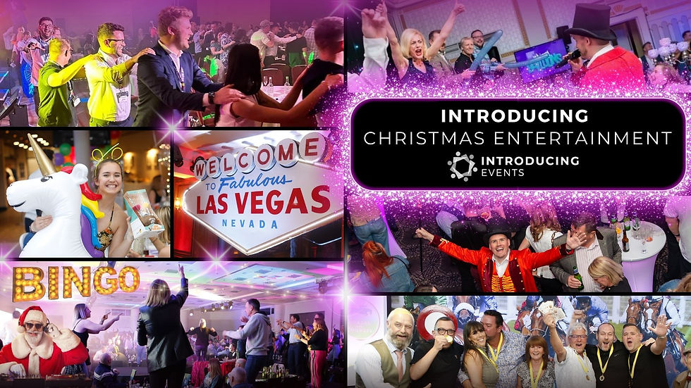 A range of Christmas Party ideas and Christmas entertainment for corporate Christmas parties in 2023. Christmas party ideas include gameshows, Christmas party bingo, Christmas race nights, Christmas murder mystery, bongos bingo, music bingo, Christmas music bingo, Vegas nights, Casino evening, casino table hire, party bingo hire, people celebrating their office Christmas party or work Christmas party.